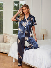 Floral Satin Pajama Set Short Sleeve Top & Pants