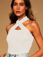 Ribbed Halter Neck Bodysuit Sleeveless Casual One Piece Bodysuit