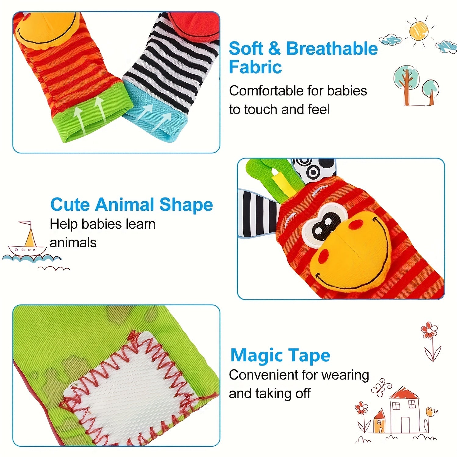 4 Pairs Baby Wrist Rattles Sock Toys Newborn Baby Sock Toys 0-6 Months