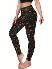 Halloween Sports Leggings Women's Plus Pumpkin & Spiderweb Print