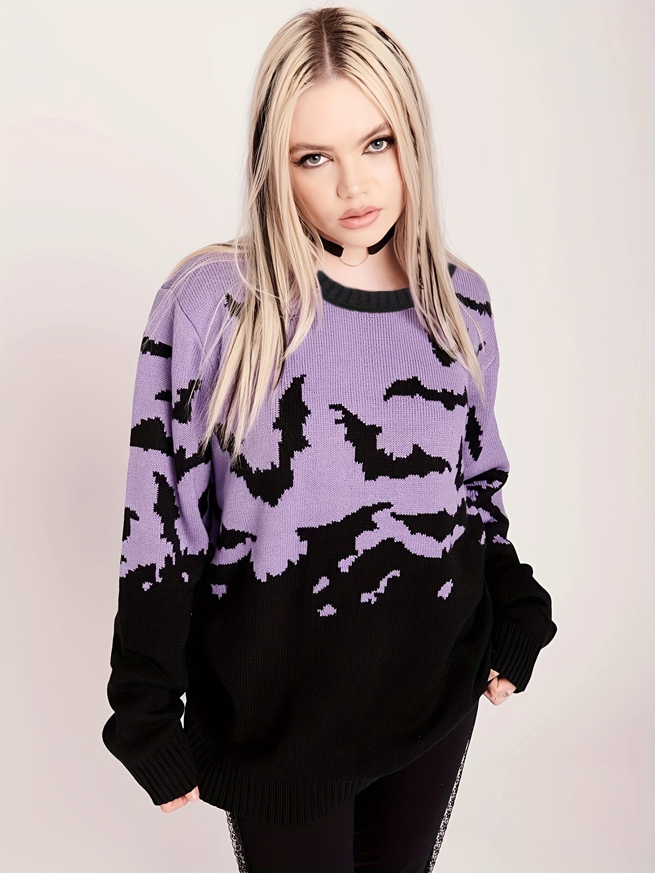 Halloween Batwing Pattern Sweater Long Sleeve Crew Neck Pullover