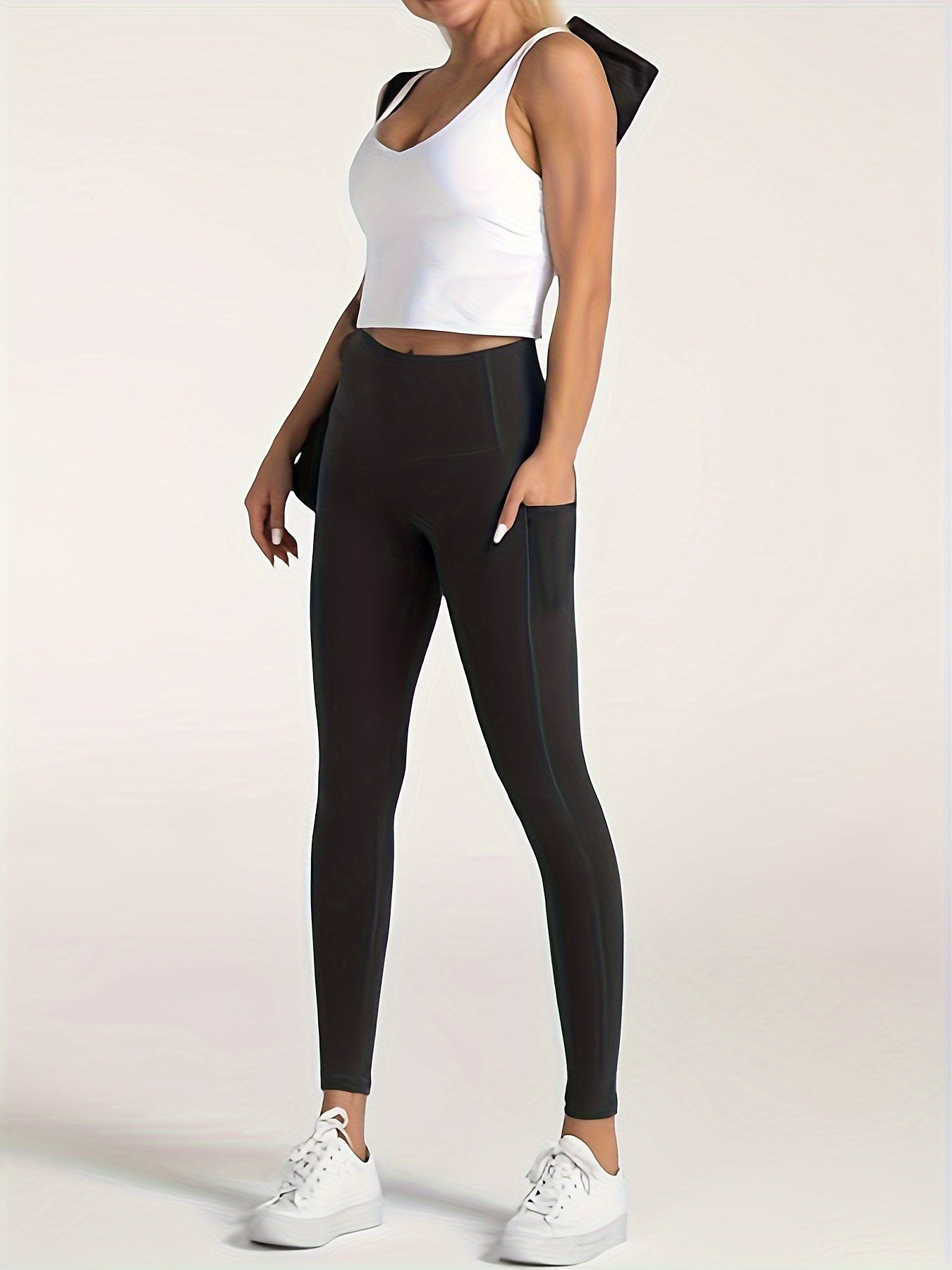 High Waist Yoga Pants With Pocket Solid Running Workout Athletic Leggings