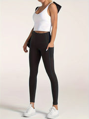 High Waist Yoga Pants With Pocket Solid Running Workout Athletic Leggings