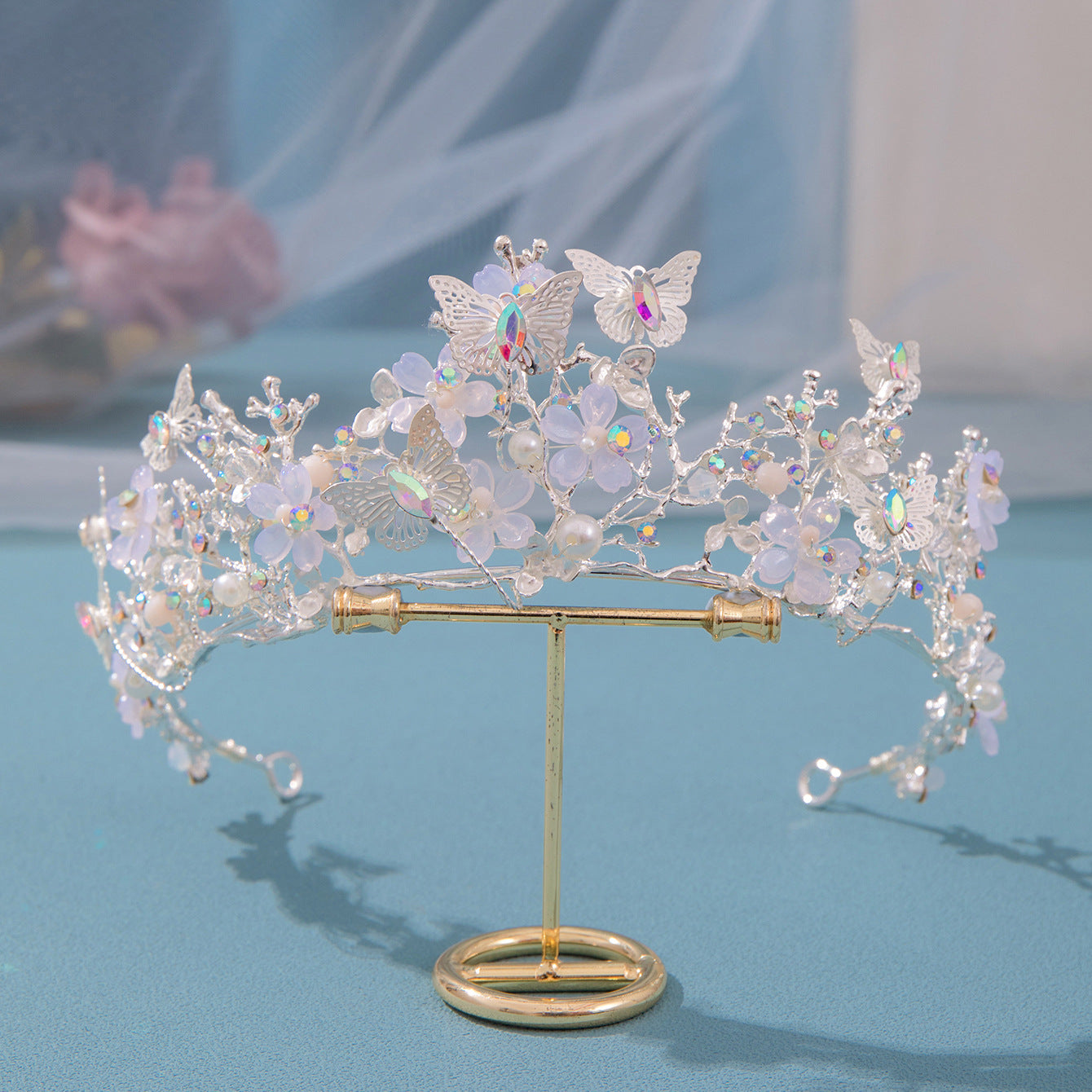 Bridal Pearl Rhinestone Crown Tiara Butterfly Floral Crown Wedding Gift