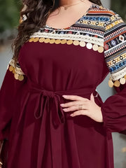 Boho Geometric Print Lantern Sleeve Maxi Dress With Belt