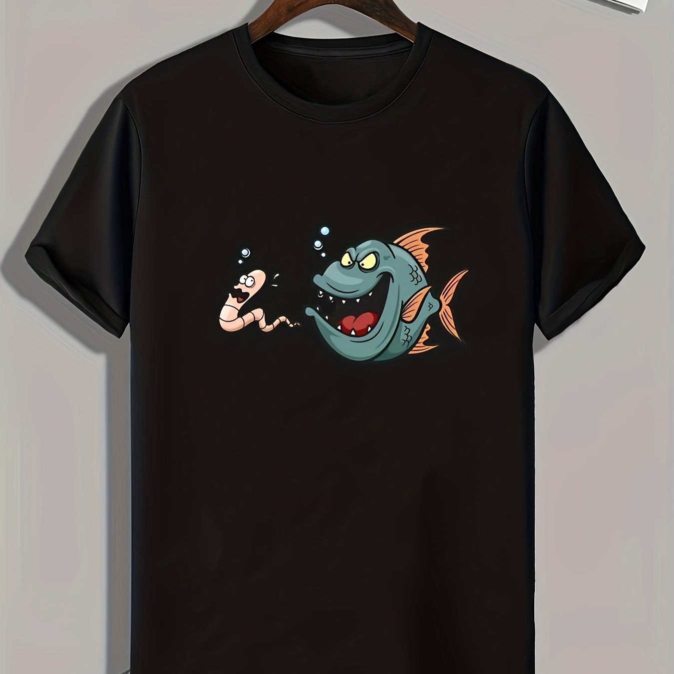 Cartoon Fish Pattern Print Men's Comfy Sports T-shirt Graphic Tee