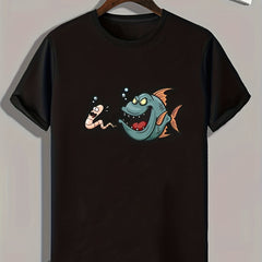 Cartoon Fish Pattern Print Men's Comfy Sports T-shirt Graphic Tee