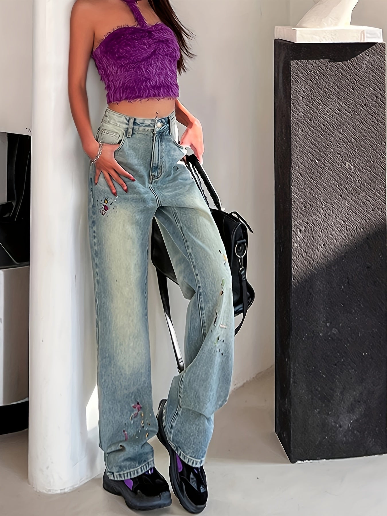 Vintage Embroidery High Rise Denim Pants Slash Pocket Wide Leg Jeans