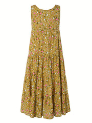 Floral Print Tank Dress Vintage Sleeveless Ruched Dress