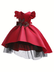 Toddler Girls Ruffle Trim Princess Dress Gown Three dimensional Flowers Embroide