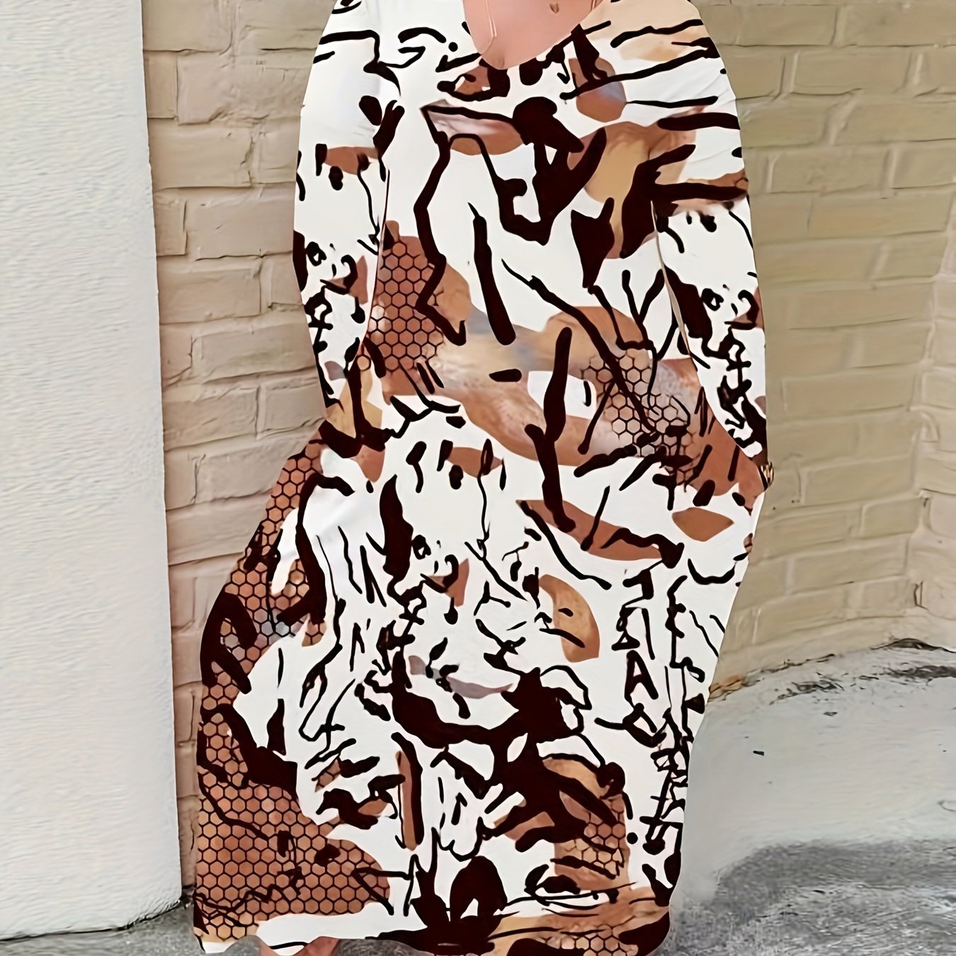 Women's Plus Random Print Long Sleeve Maxi Dress