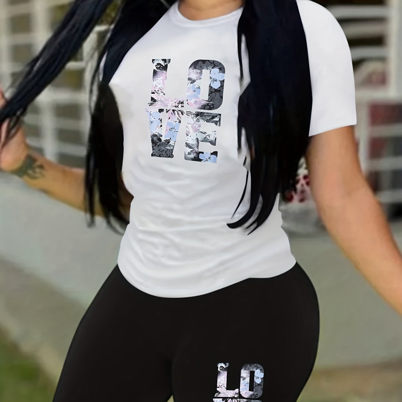 Love Print Matching Two piece Set Casual Short Sleeve T shirt & Biker Shorts