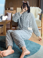 Bear Print Fuzzy Lounge Set Long Sleeve Zipper Top & Pants