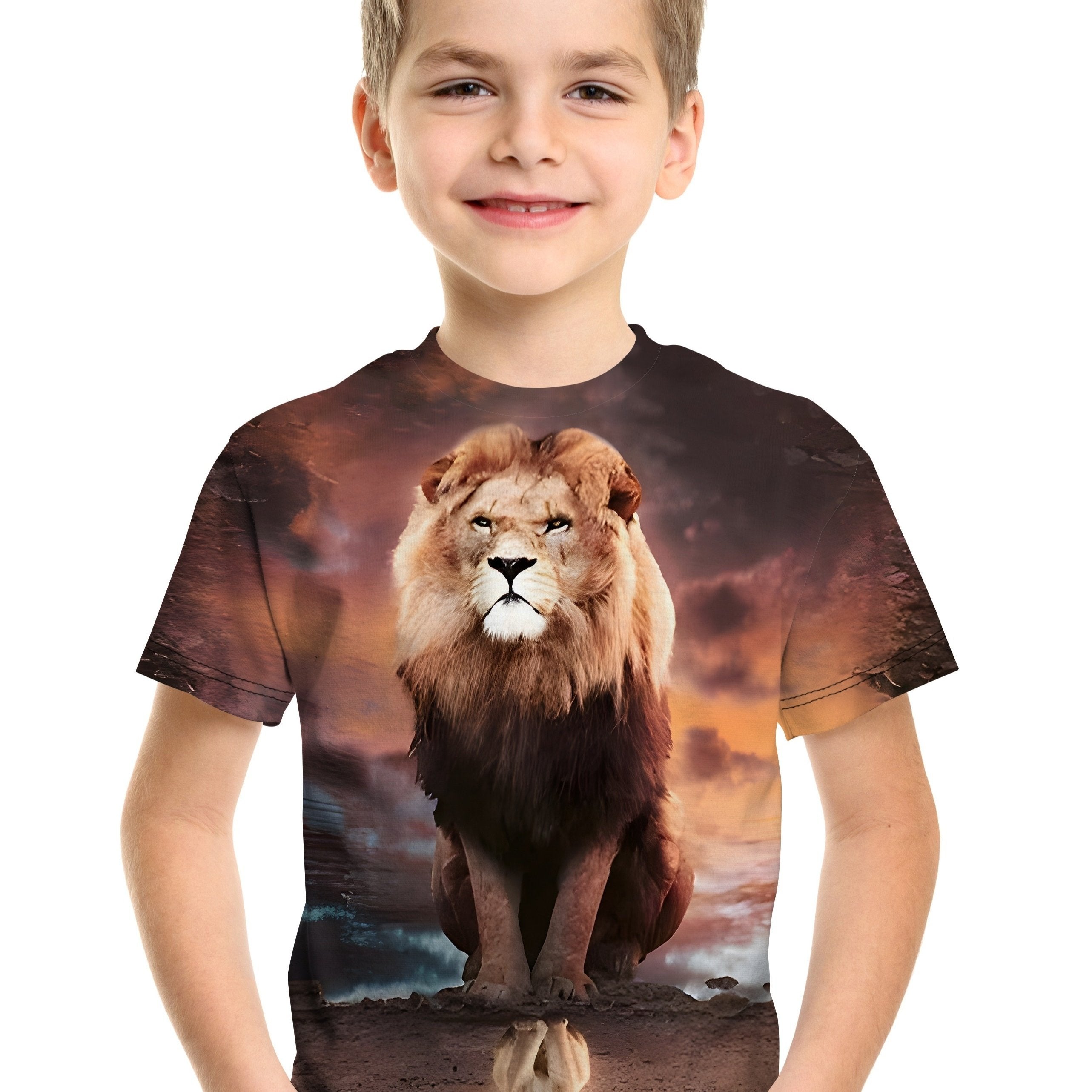 Boys Lion 3D Print T-shirt Short Sleeve Crew Neck Top Casual Kids Clothes