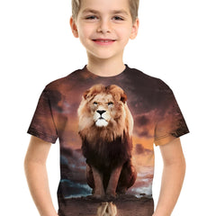 Boys Lion 3D Print T-shirt Short Sleeve Crew Neck Top Casual Kids Clothes