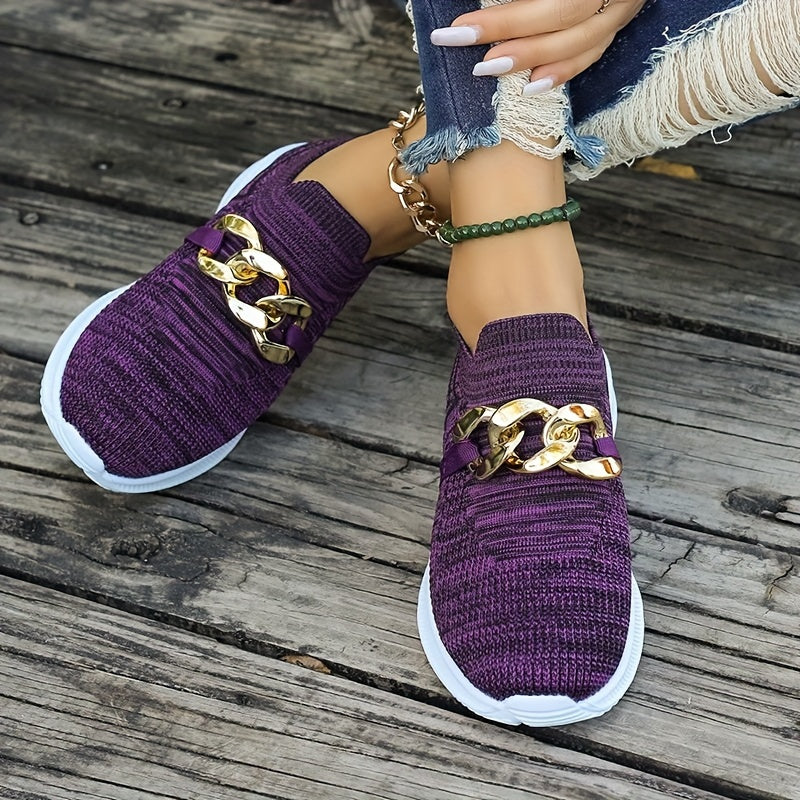 Woven Slip-On Sneakers with Chain Decor Women's Casual Shoes