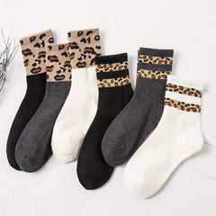 6 Pairs Leopard Stitching Socks Comfy Breathable Mid Tube Women's Stockings
