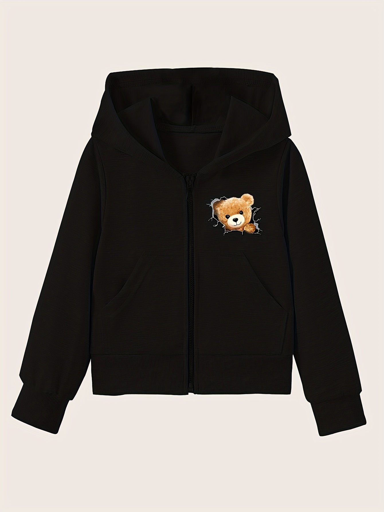 Girls' Bear Graphic Hoodie Zip-Up Sweatshirt with Pockets