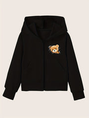 Girls' Bear Graphic Hoodie Zip-Up Sweatshirt with Pockets