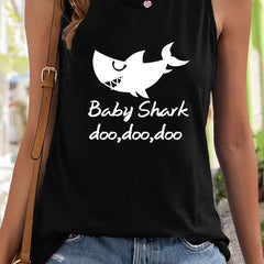 Shark & Letter Print Sleeveless Sports Vest Casual Tops