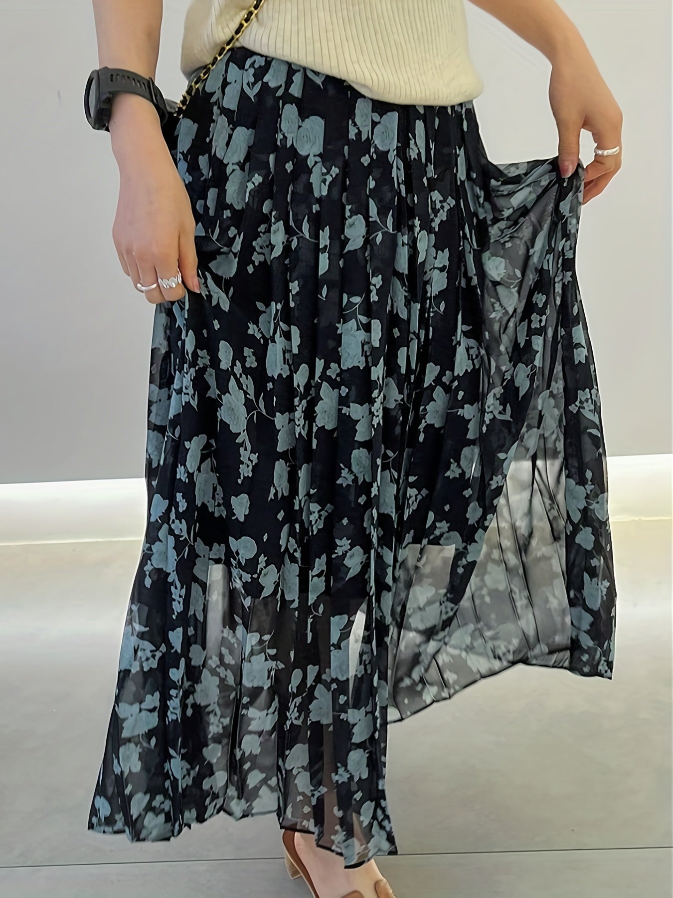 Floral Print Pleated Skirt Elastic Waist Skirt for Spring & Summer