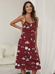 Starry Print Backless Nightdress Crew Neck Sleep Dress