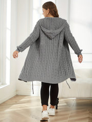 Cable Knit Hooded Cardigan Long Sleeve Drawstring