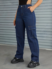 Cargo Pants Washed Loose Fit High Waist Straight Jeans Women's Denim Jeans