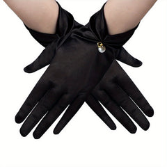 Short Satin Gloves with Faux Pearl Inlay for Bride