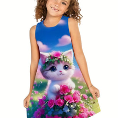 3D Printed Cat Princess Dress for Girls Sleeveless Summer Casual