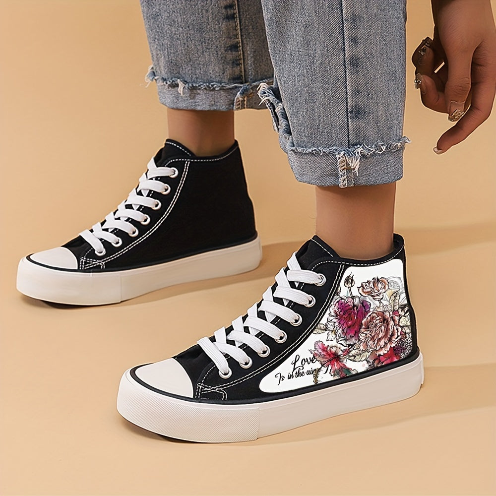 Women's Flower Graphic High Top Canvas Sneakers for Lightweight Flatform Comfort