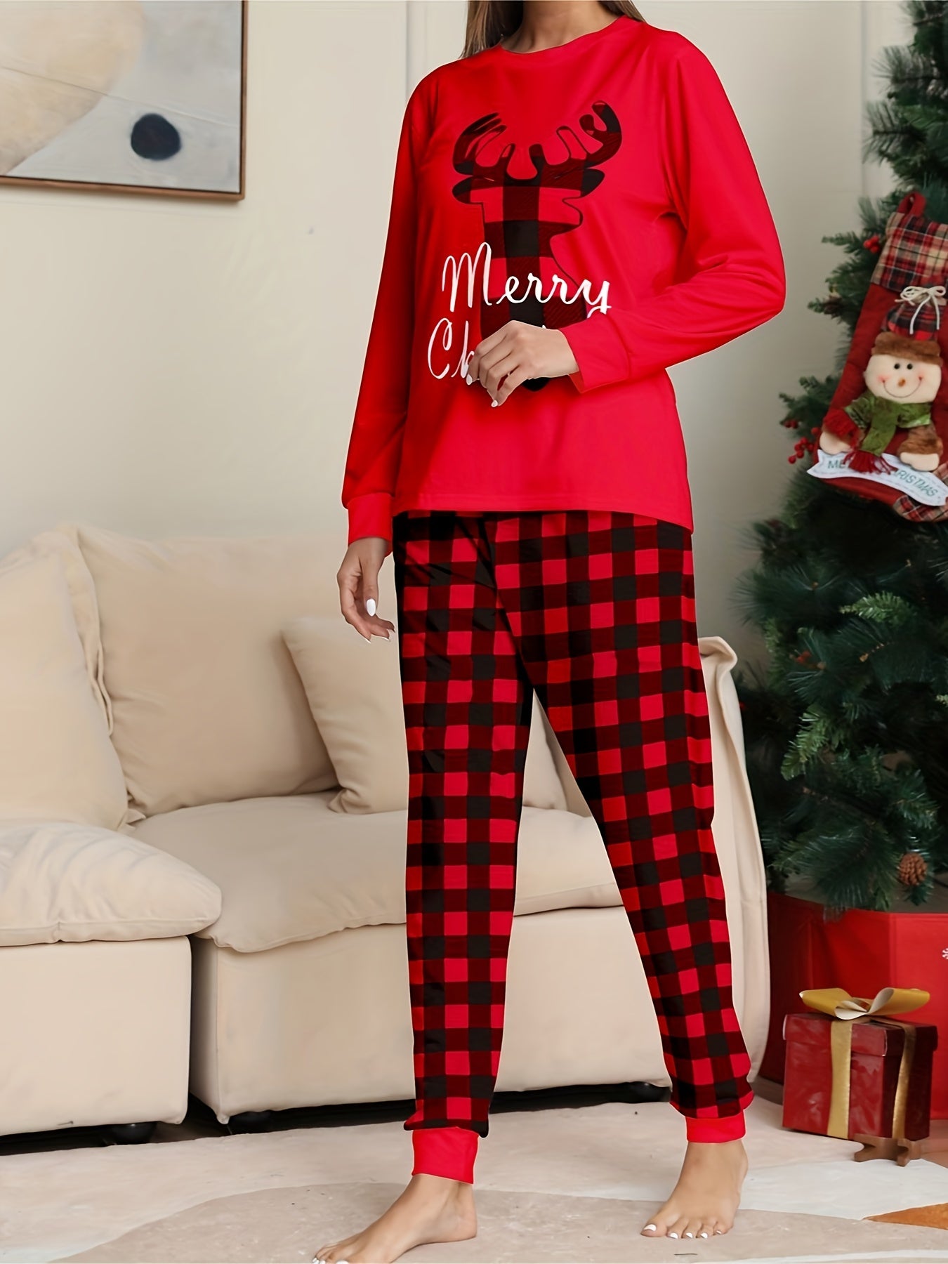 Christmas Pajamas Set Plaid Reindeer Tee & Joggers