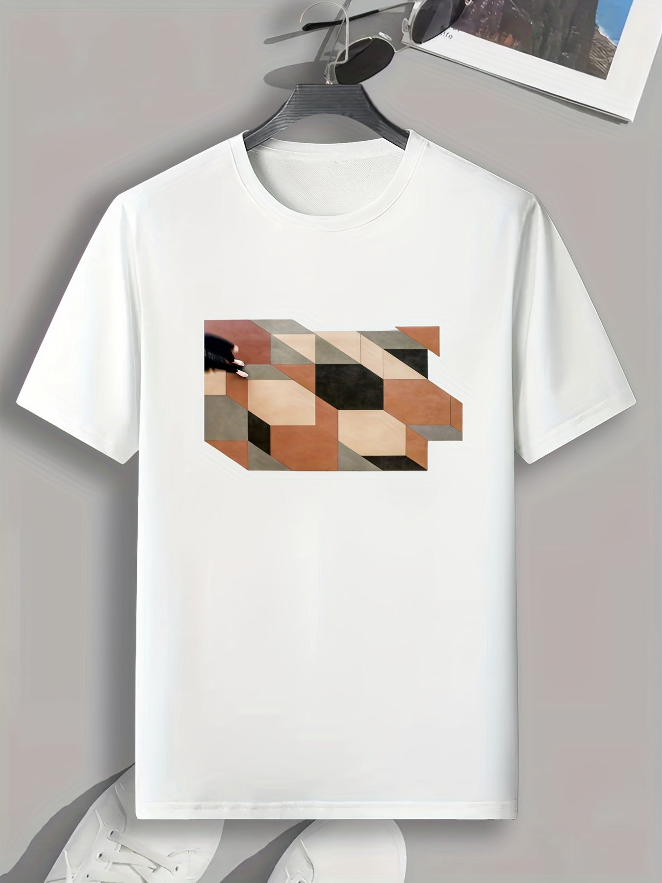 Cube Print Men's Comfy T Shirt Active Stretch Breathable Tee