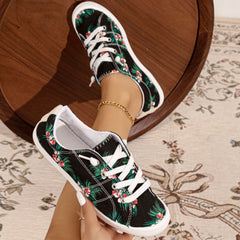 Flower Printed Canvas Lace-up Sneakers Low Top Casual Flat Shoes