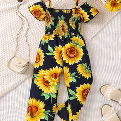 Girls Sunflower Off Shoulder Jumpsuit One Piece Romper