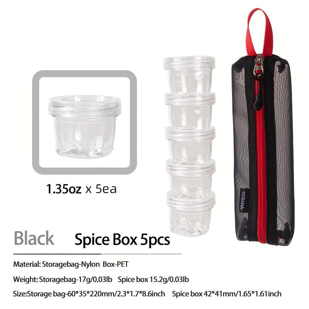 5pc Camping Spice Set Containers Labels BBQs & Picnics Storage Bag