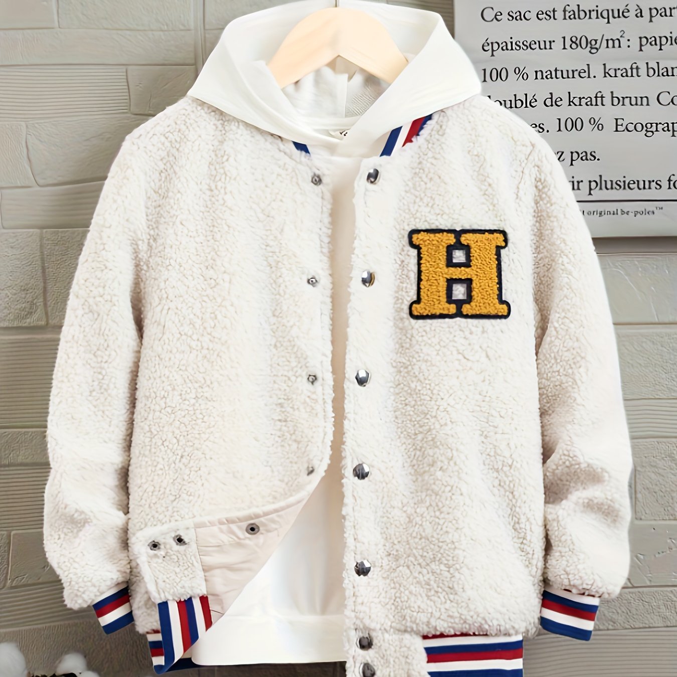 Kid's H Patched Varsity Jacket Teddy Fleece Coat