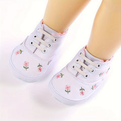 Baby Girls Embroidered Flower Sneakers Lightweight Non Slip Shoes