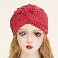 Red Pleated Turban Cap Lightweight Head Wrap Hijab Bonnet Chemo Hats