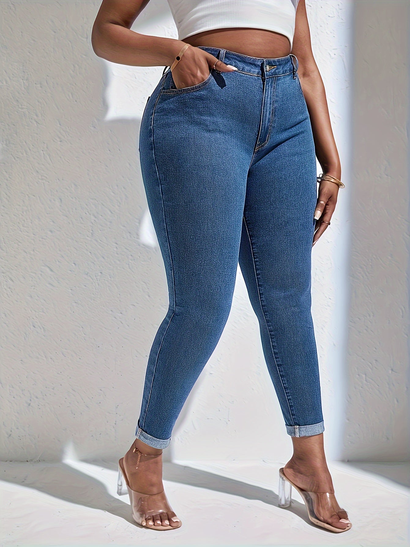 Sexy Jeans Women's Plus Solid Roll Up High Rise High Stretch Skinny