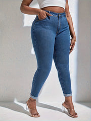 Sexy Jeans Women's Plus Solid Roll Up High Rise High Stretch Skinny