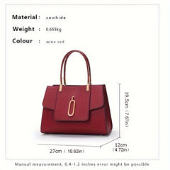 Wine Red Cowhide Tote Bag Zip Closure Vegan Leather