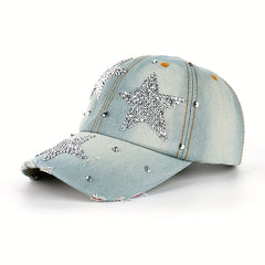 Five Pointed Star Inlaid Diamond Denim Baseball Cap