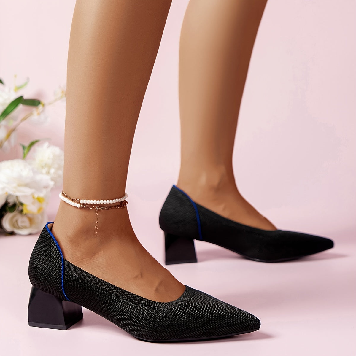 Women's Breathable Chunky Heel Pumps Knitted Slip On Dress Shoes