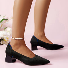 Women's Breathable Chunky Heel Pumps Knitted Slip On Dress Shoes