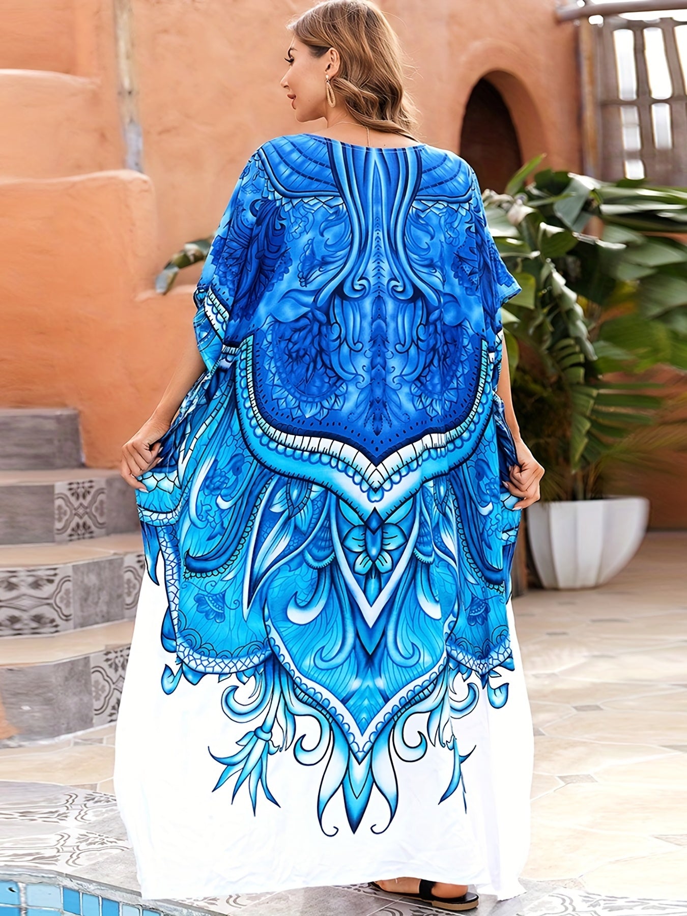 Boho Cover Up Dress Women's Plus Floral Print Bat Sleeve V Neck