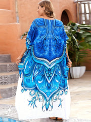 Boho Cover Up Dress Women's Plus Floral Print Bat Sleeve V Neck