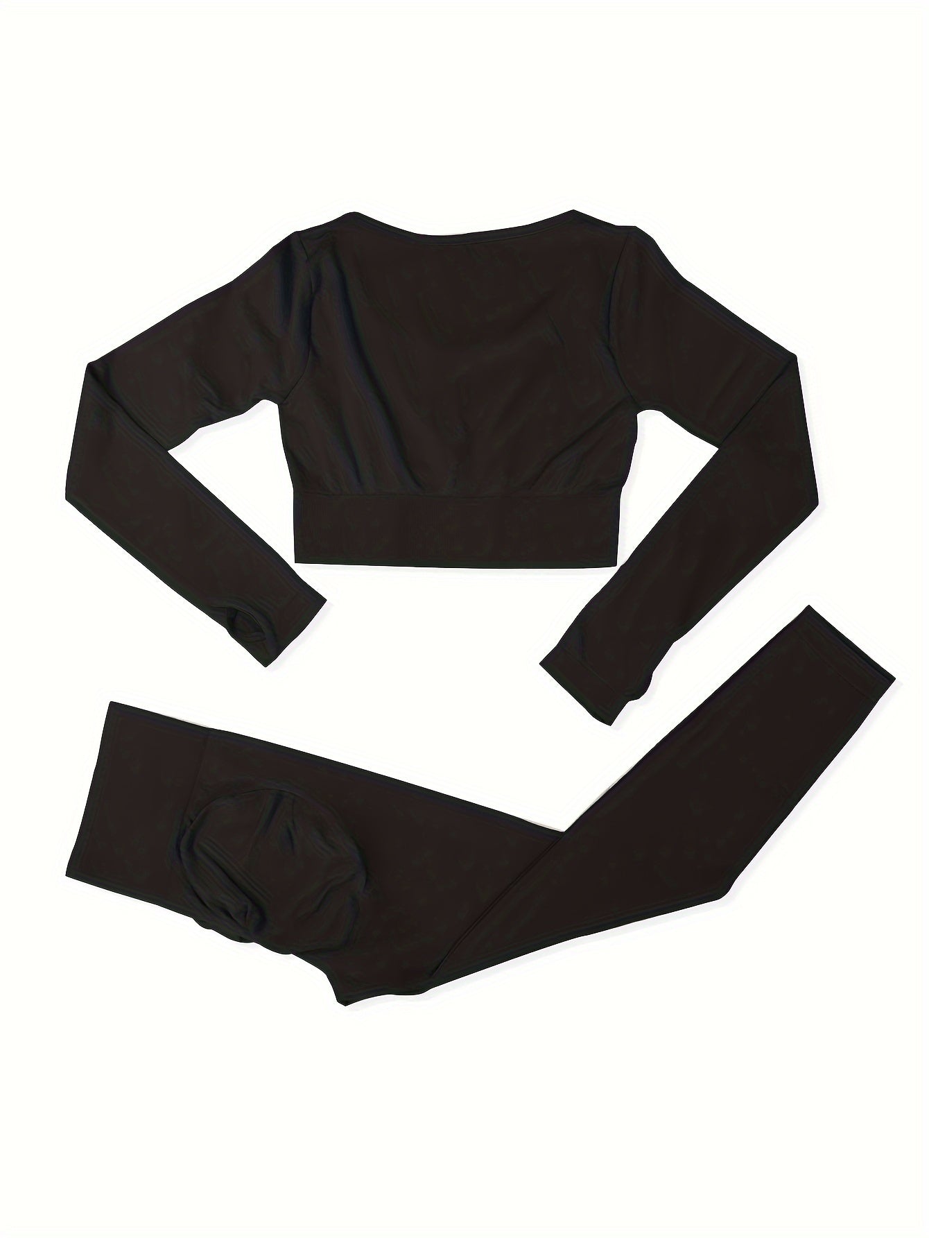 2pcs Solid Yoga Sports Sets Long Sleeve Crop Top & Leggings Women's Activewear