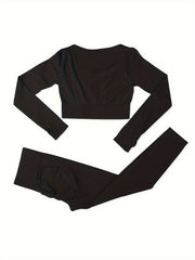 2pcs Solid Yoga Sports Sets Long Sleeve Crop Top & Leggings Women's Activewear
