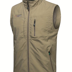 Men's Zipper Pockets Cargo Vest, Stand Collar Zip Up Vest